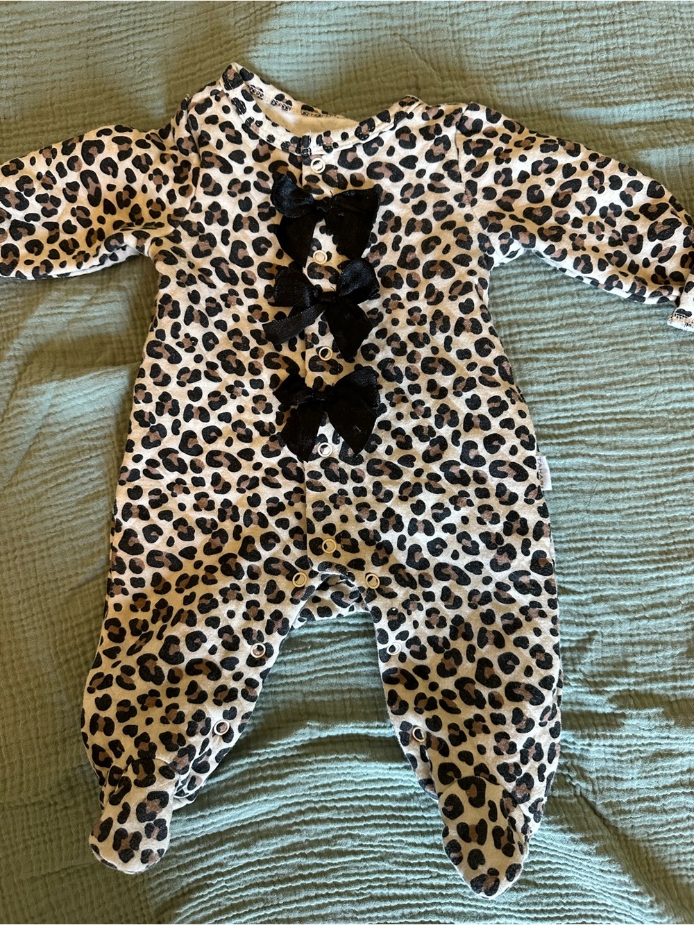 Taylor Leopard Print Footie with Black Velvet Bows